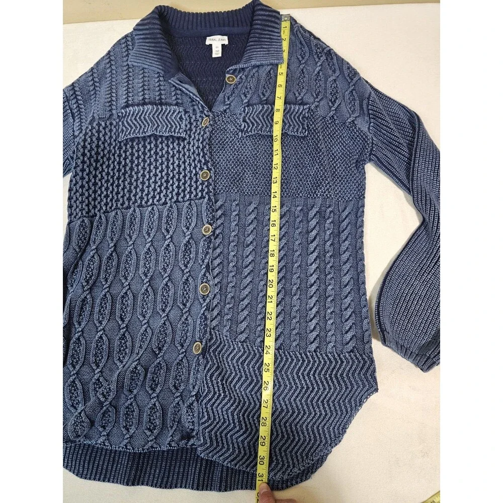 Tribal Jeans Blue 100% Cotton Cable Knit Button Front Cardigan Sweater L